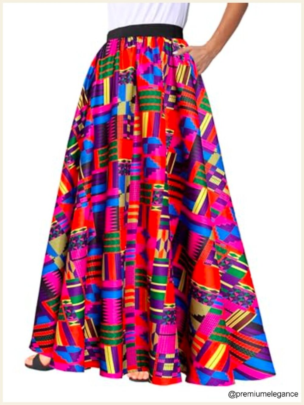 African Print Maxi Skirt Full Circle Side Pockets Polyester Ethnic